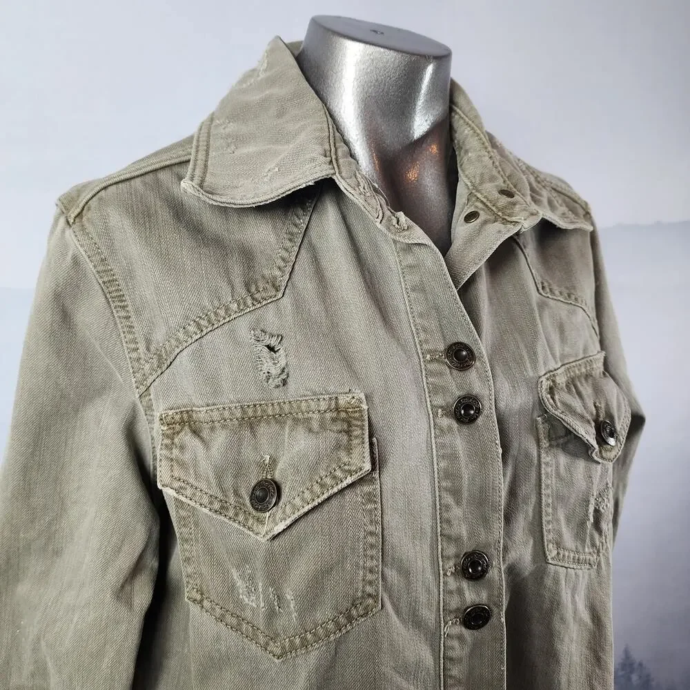 Free People Moonchild Army Green Denim Shirt / Utility Jacket | Women's XS